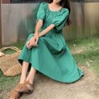 Puff-sleeve Off-shoulder Midi A-line Dress Green - One Size