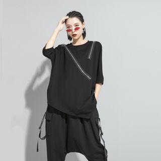Round-neck Plain Oversize Zip Top