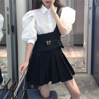 Puff-sleeve Shirt / One Shoulder Top / Pleated Skirt