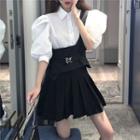 Puff-sleeve Shirt / One Shoulder Top / Pleated Skirt