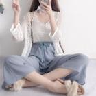 Wide-strap Chiffon Top / Crochet Camisole Top / Wide-leg Pants / Chiffon Jacket / Crochet Knit Cardigan