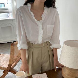 Frill Trim Long-sleeve Plain Shirt