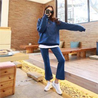 Set: Letter-embossed Sweatshirt + Boot-cut Sweatpants