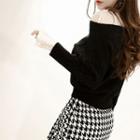 Frill-neck Lace-panel Cable-knit Top