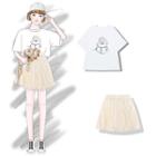 Elbow-sleeve Cartoon T-shirt / A-line Mini Skirt