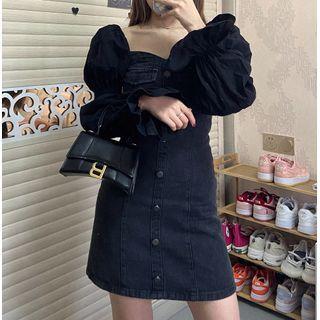 Puff-sleeve Denim Panel Mini Dress