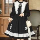 Long-sleeve Collared Lace Trim A-line Dress