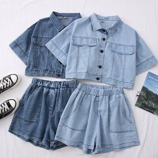 Set: Short-sleeve Denim Crop Jacket + High-waist Denim Wide Shorts