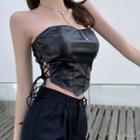 Lace-up Faux Leather Asymmetric Tube Top
