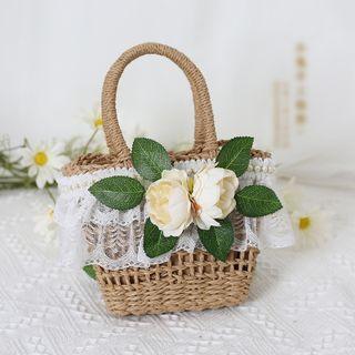 Flower Woven Top Handle Crossbody Bag