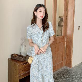 V-neck Floral Ruffle Drawstring A-line Dress