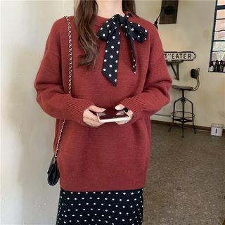 Bow-accent Sweater / Dotted Midi Shift Skirt