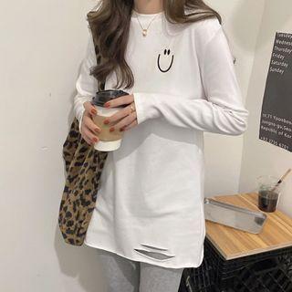Long-sleeve Ripped Top White - One Size