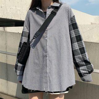 Long-sleeve Plaid Paneled Shirt Black - One Size