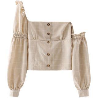 Lantern-sleeve One-shoulder Plaid Blouse