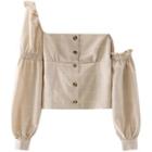 Lantern-sleeve One-shoulder Plaid Blouse