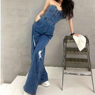 Strapless Wide Leg Denim Jumpsuit