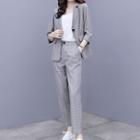 Set: Plaid One-button Blazer + Straight-leg Dress Pants