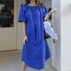 Elbow-sleeve Off Shoulder A-line Midi Dress Blue - One Size