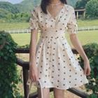 V-neck Puff-sleeve Dotted A-line Dress