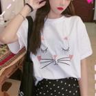 Short Sleeve Cat Embroidered T-shirt White - One Size