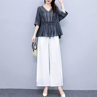 Set: Elbow-sleeve Lace Trim Blouse + Camisole Top + Wide Leg Pants