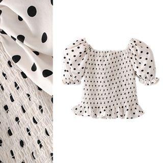 Polka-dot Smocked Short-sleeve Blouse