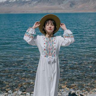 Long-sleeve Embroidered Maxi A-line Dress White - One Size