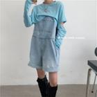 Long-sleeve Cut-out T-shirt / Denim Jumper Shorts