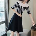 Striped Elbow-sleeve A-line Knit Dress Black - One Size