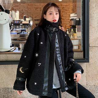 Embroidered Fleece Zip Jacket Black - One Size