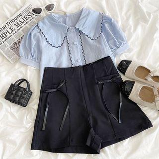 Short-sleeve Embroidered Flower Trim Peter Pan Collar Shirt / High-waist Bow A-line Skort