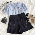 Short-sleeve Embroidered Flower Trim Peter Pan Collar Shirt / High-waist Bow A-line Skort