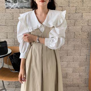 Long-sleeve Wide Collar Blouse / Midi A-line Overall Dress