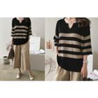 Open-placket Striped Knit Top