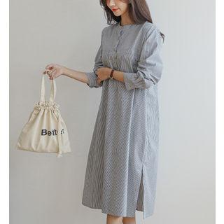 Half-placket Striped Long Shirtdress