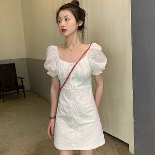 Puff-sleeve Square-neck Bow Dress