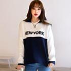 Zipped Mock-neck Lettering Two-tone Pullover