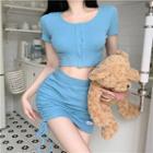 Set: Short-sleeve Button-up Cropped Top + Mini Skirt Blue - One Size