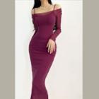 Set: Off-shoulder Mesh Midi Sheath Dress + Spaghetti Strap Midi Sheath Dress Set Of 2 - Off-shoulder Mesh Midi Sheath Dress & Spaghetti Strap Midi Sheath Dress - Wine Red - One Size