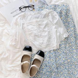 Puff-sleeve Square-neck Top White - One Size