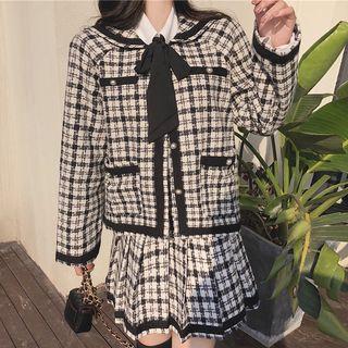 Plain Shirt / Plaid Button Jacket / Mini A-line Skirt