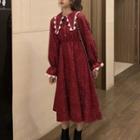 Balloon-sleeve Glitter Midi A-line Dress