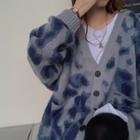 Long-sleeve Tie Dye Button-up Cardigan Blue & Gray - One Size