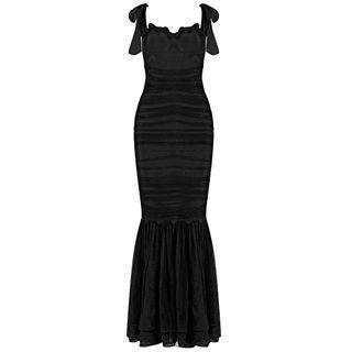Tie-shoulder Crochet Lace Trim Sheath Evening Gown
