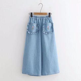 Flower Embroidered Cropped Wide-leg Jeans
