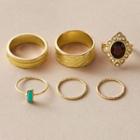 Set Of 6: Faux Gemstone / Alloy Open Ring (various Designs) 10015 - Set - Gold - One Size