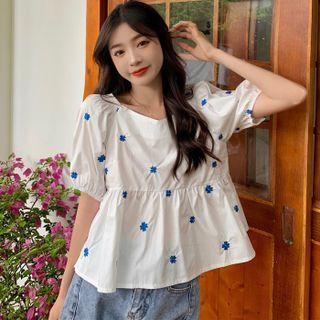 Puff-sleeve Floral Embroidered Peplum Blouse
