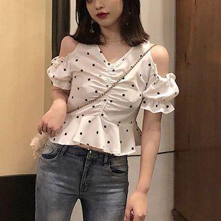 Drawstring Off-shoulder Polka Dot Blouse