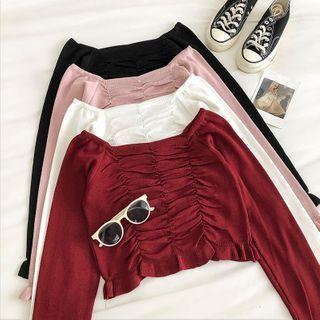 Plain Off-shoulder Frilled Long-sleeve Knit Top